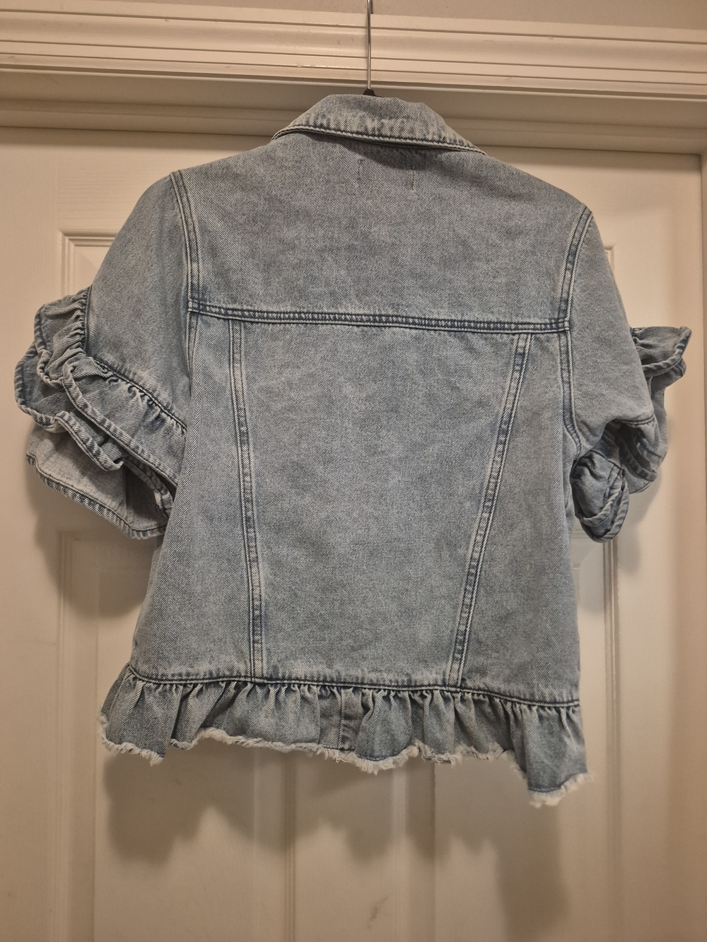 Twelve Light Wash Ruffle Hem Short Jean Jacket - Picture 3 of 3